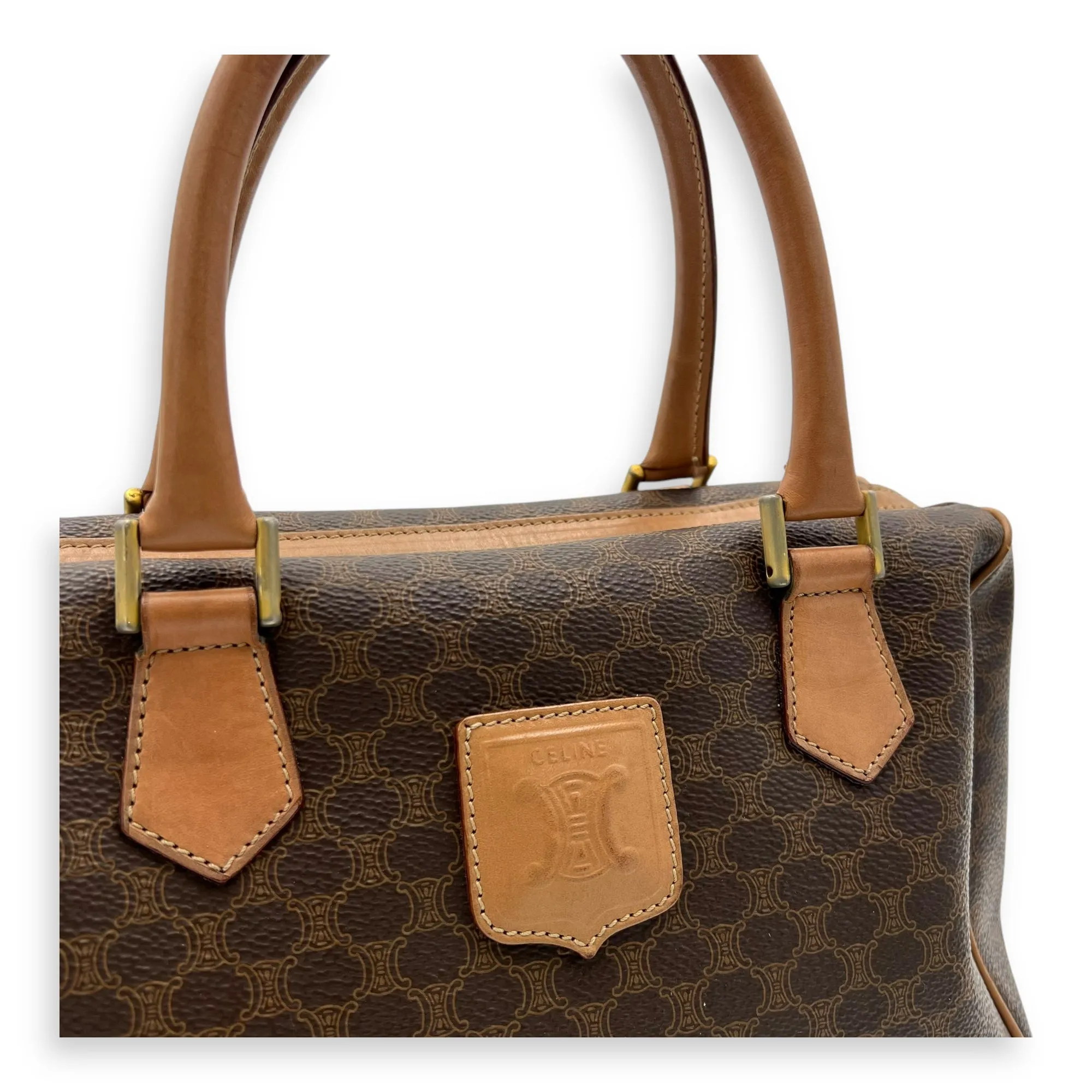 Vintage Macadam Boston Top Handle Bag Brown in Coated Canvas, Gold hardware