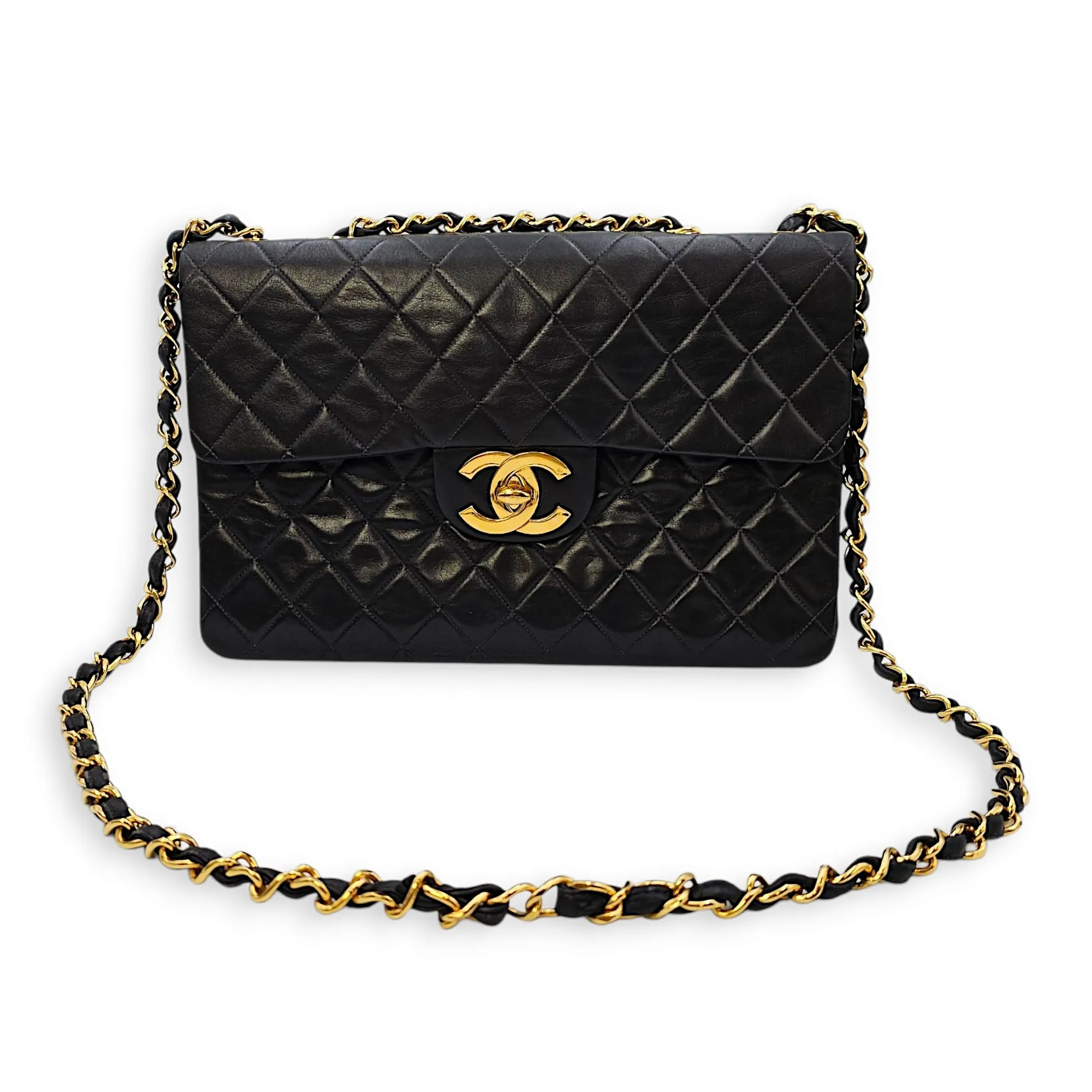 Vintage Maxl Black Flap Bag in Lambskin, Gold hardware
