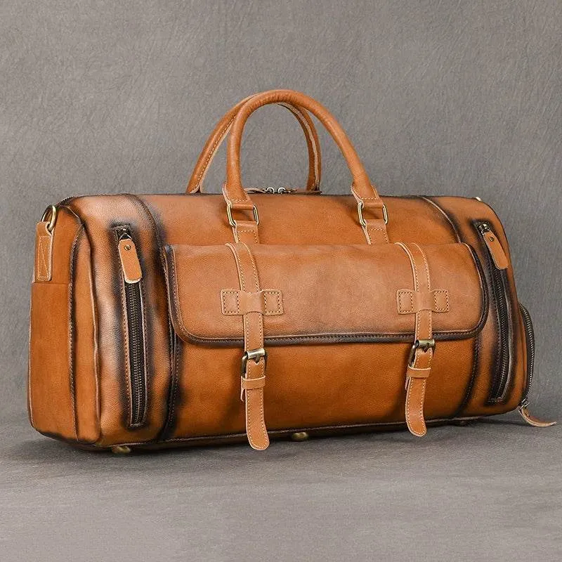 Vintage Men’s Leather Travel Bag Large Duffle with Shoe Compartment