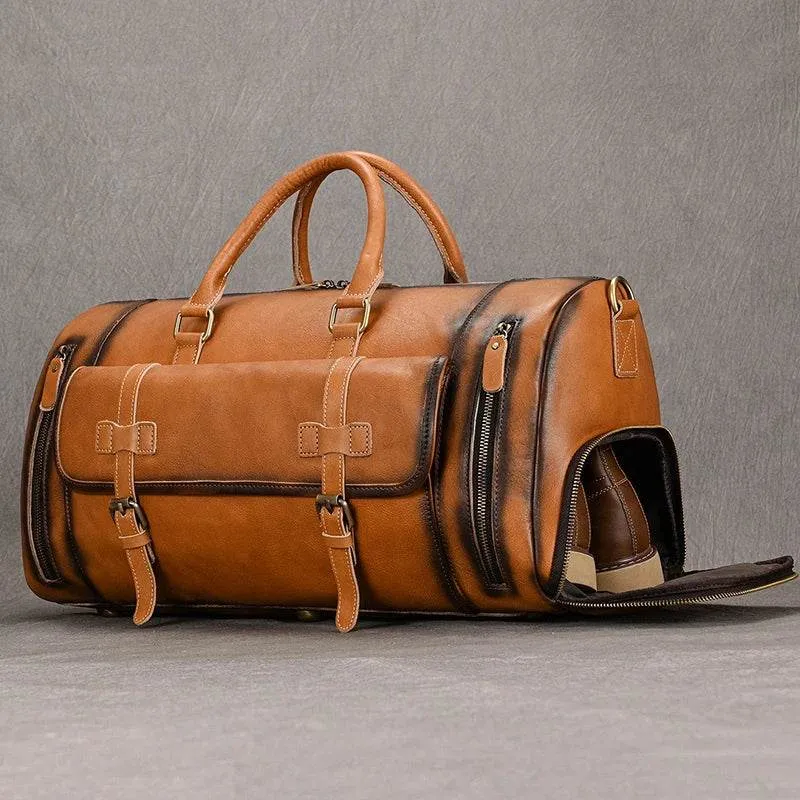 Vintage Men’s Leather Travel Bag Large Duffle with Shoe Compartment