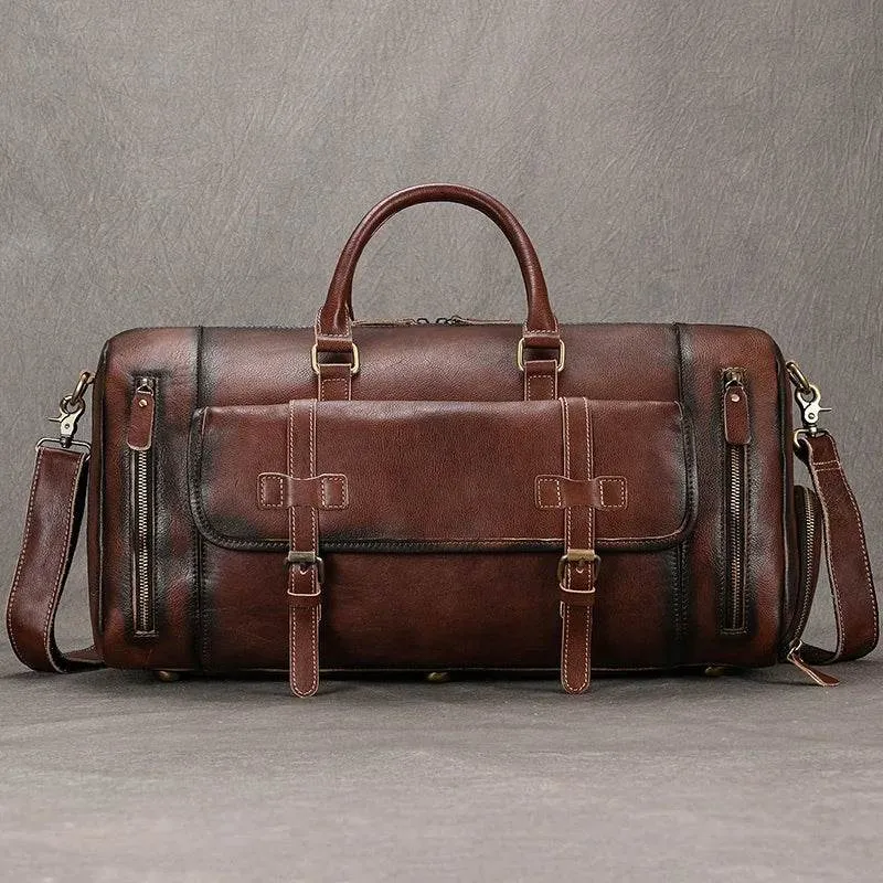 Vintage Men’s Leather Travel Bag Large Duffle with Shoe Compartment