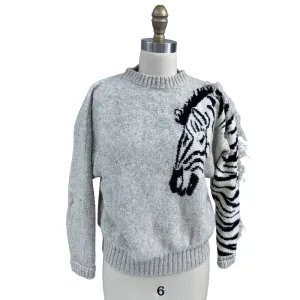 VTG Knight's LTD Shetland Wool Sweater Zebra Intarsia Fringe 80s Gray Sz 38/M/L