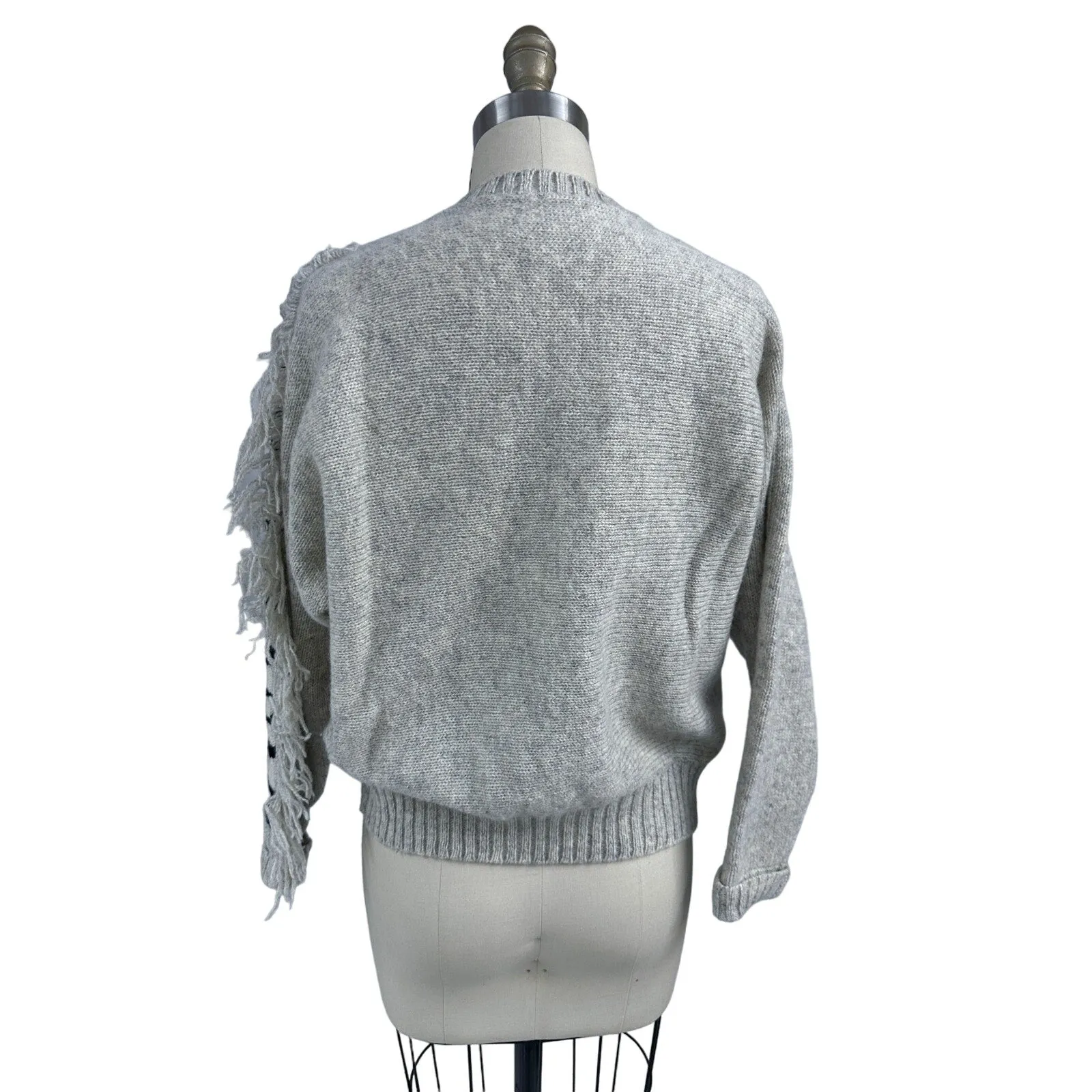 VTG Knight's LTD Shetland Wool Sweater Zebra Intarsia Fringe 80s Gray Sz 38/M/L