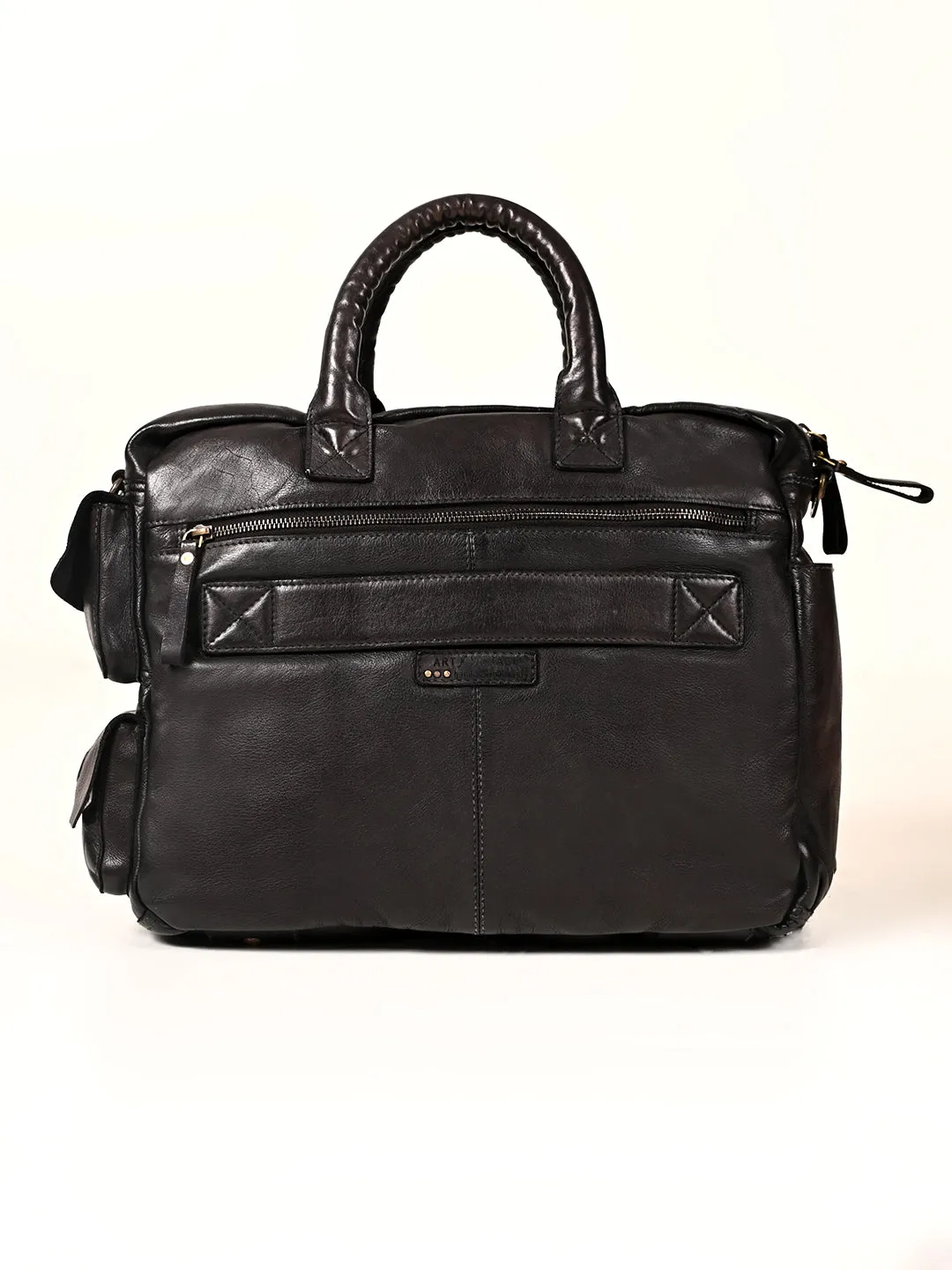 William: Real Black Leather Laptop Bag Art N Vintage