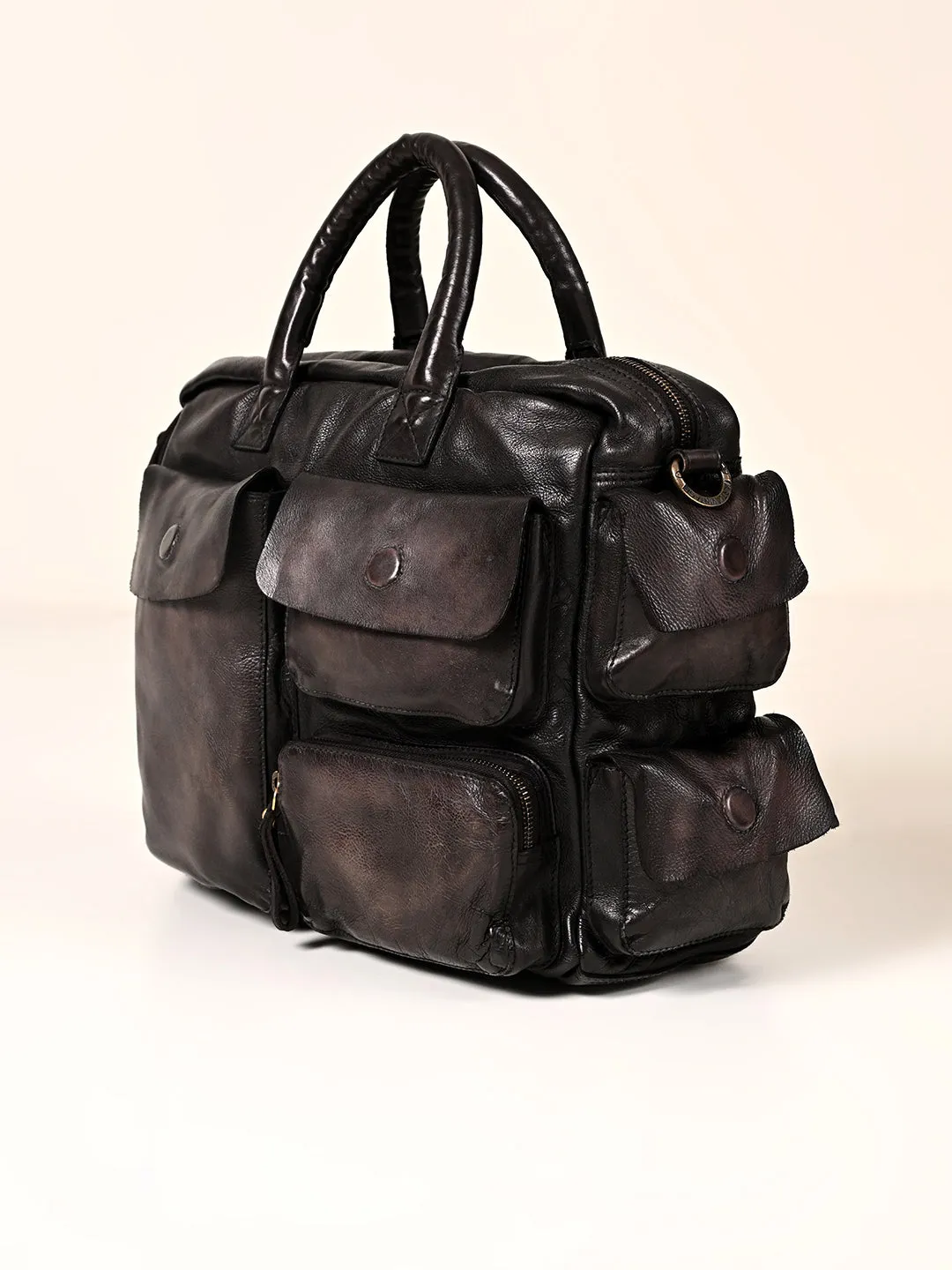 William: Real Black Leather Laptop Bag Art N Vintage
