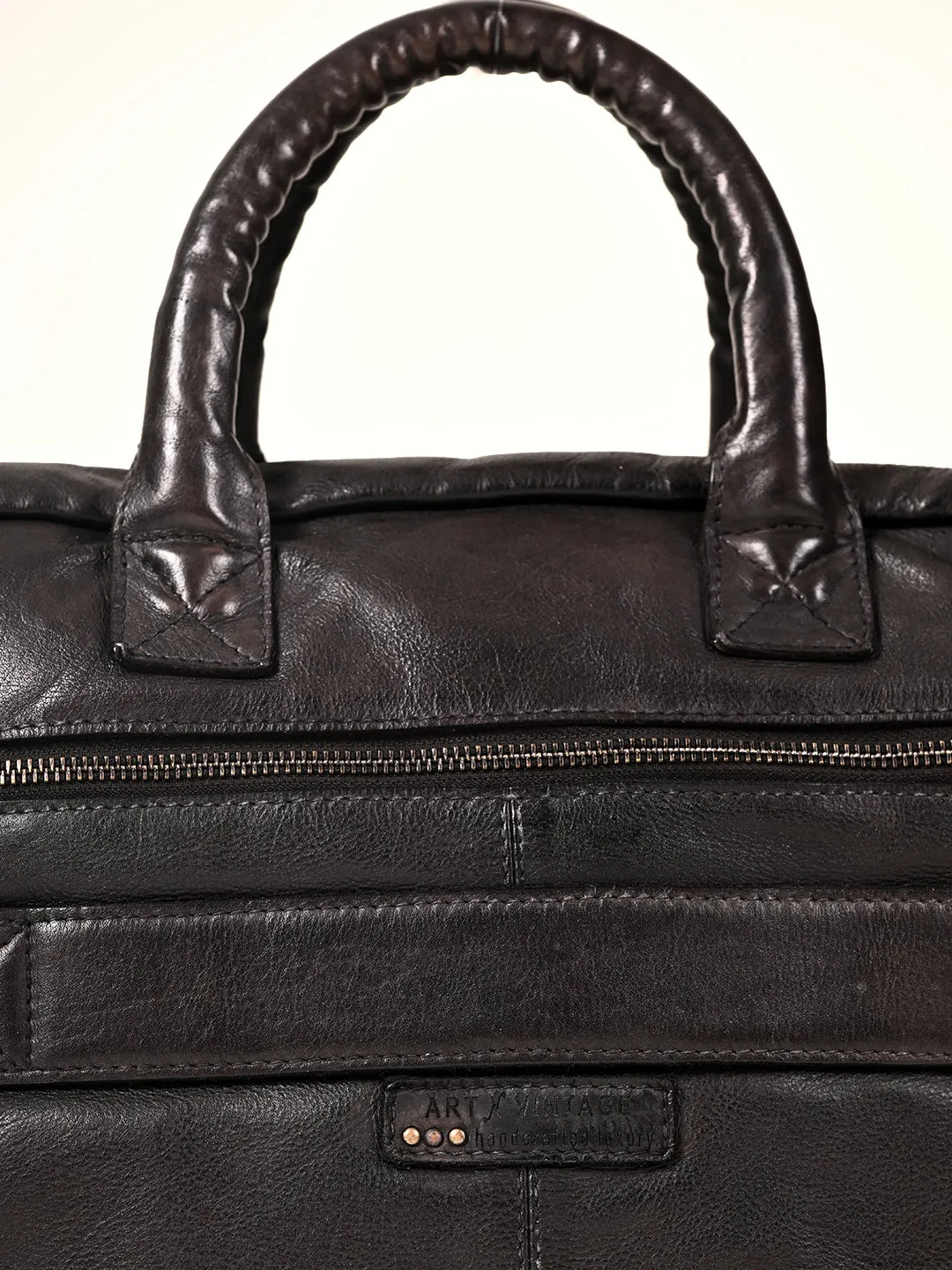 William: Real Black Leather Laptop Bag Art N Vintage
