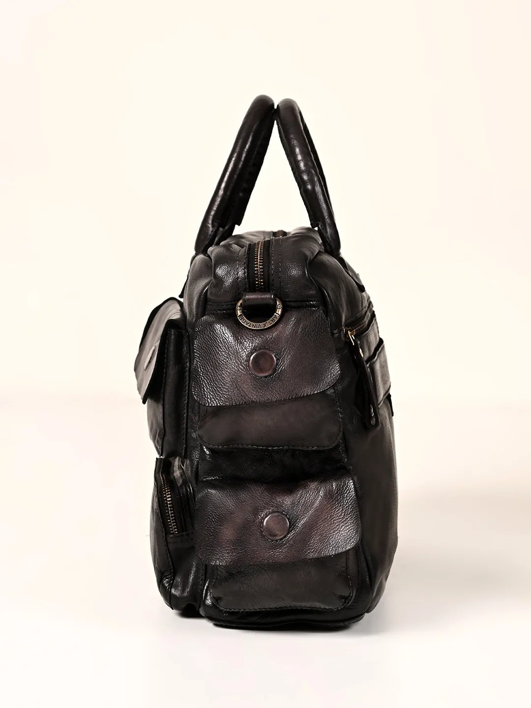 William: Real Black Leather Laptop Bag Art N Vintage