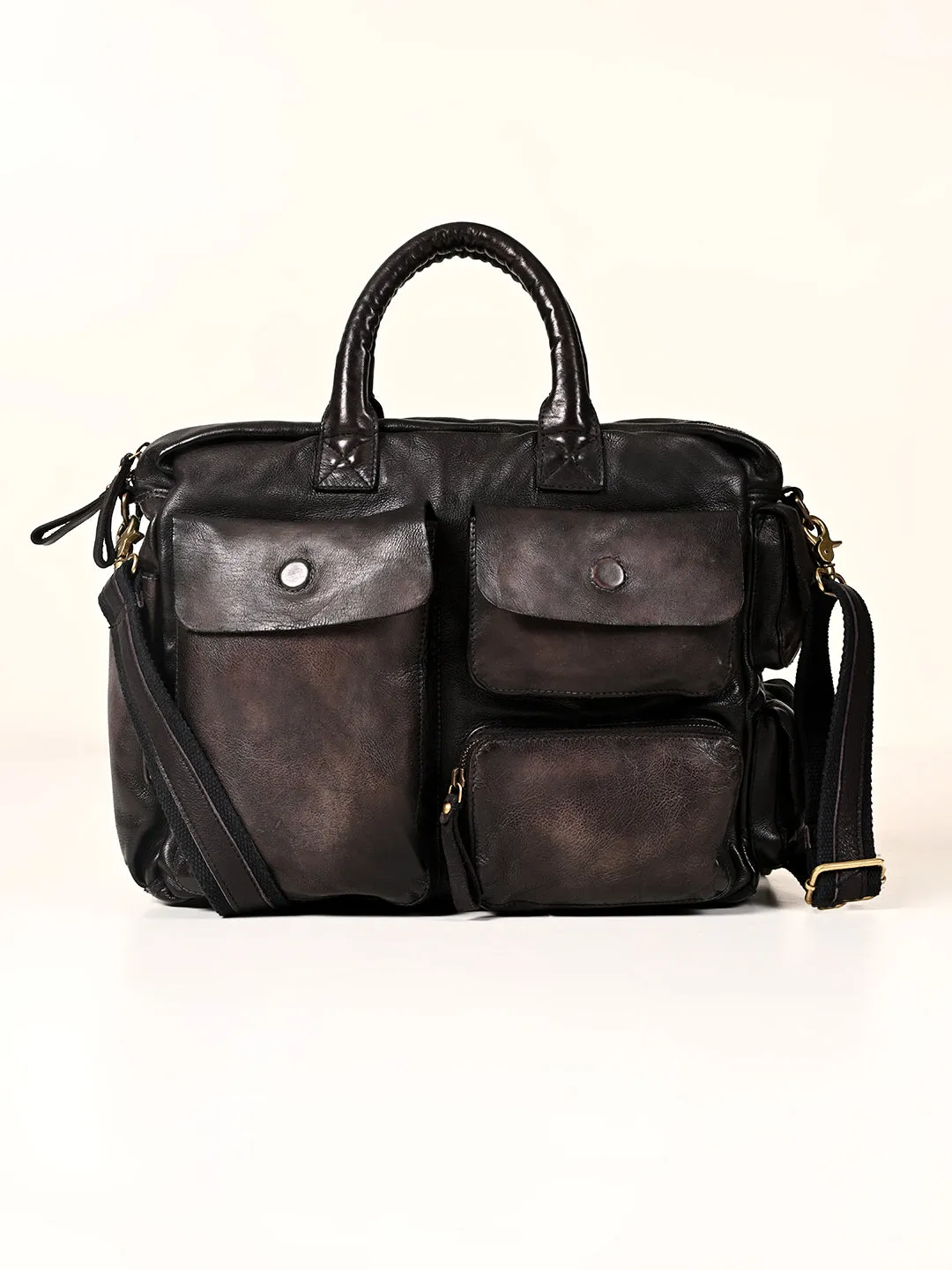 William: Real Black Leather Laptop Bag Art N Vintage